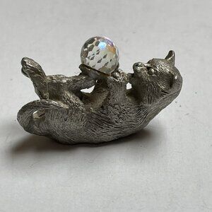 Pewter Cat on Back Looking Up at Crystal Gazing Ball Mini Figure Home Decor Gift
